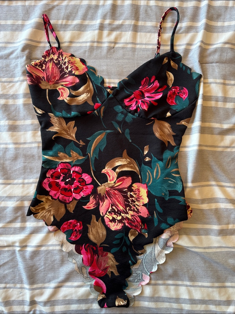 Black Floral Scalloped One-Piece Bodysuit